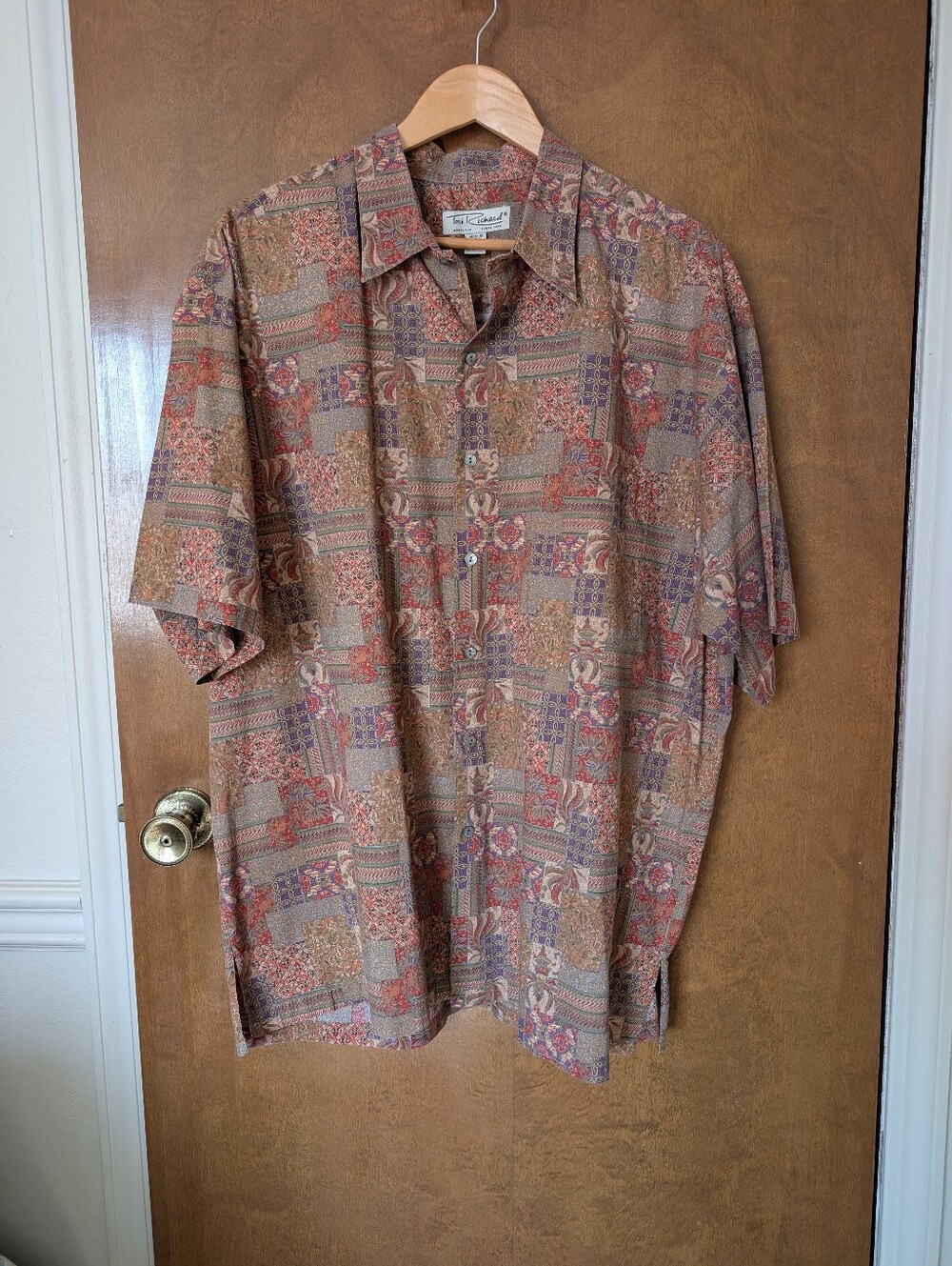 Vintage Tori Richard Brown Red Purple Floral Short Sleeve Button Up Front Shirt